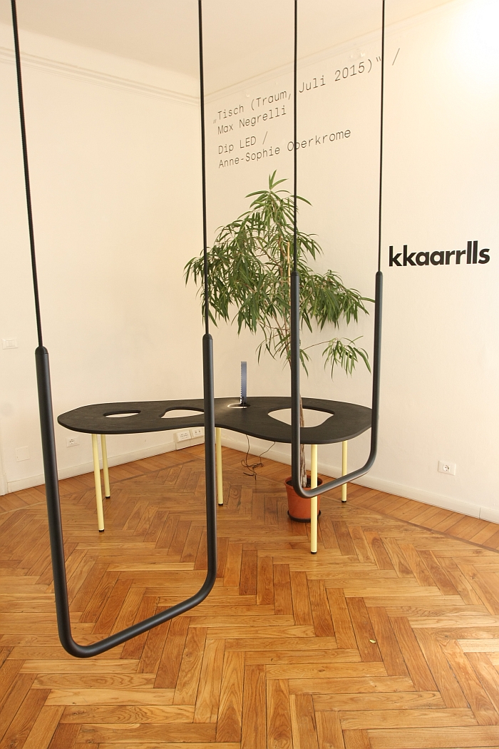 The swing As High As Best by Oliver-Selim Boualam & Lukas Marstaller, table Traum by Max Negrelli & Dip LED lamp by Anne-Sophie Oberkrome, as seen at kkaarrlls 2016, Milan