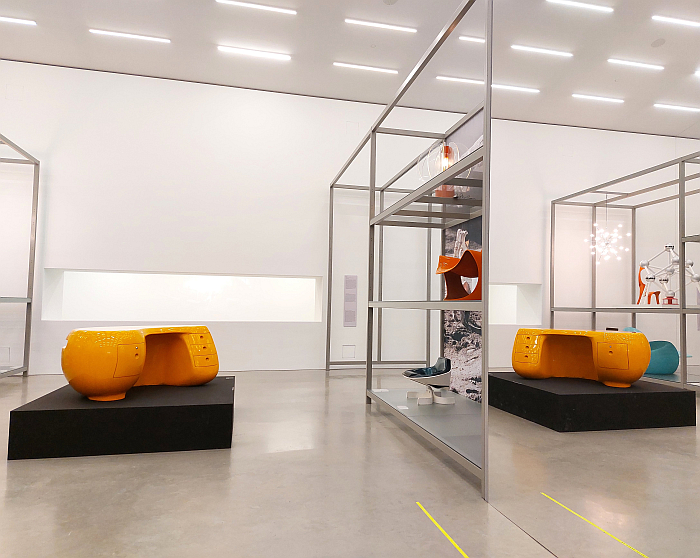 Reflections on the Boomerang desk by Maurice Calka, as seen at Science Fiction Design: From Space Age to Metaverse, Vitra Design Museum Schaudepot, Weil am Rhein