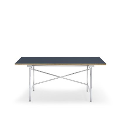 Eiermann 1 M Table (Mechanical Height Adjustment), Linoleum smokey blue (Forbo 4179) with oak edge, 160 x 80 cm, Chrome