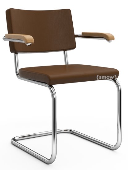 S 64 PV Pure Materials Cantilever Chair, Nappa Leather mid-brown, Oak, Chrome-plated, No glides
