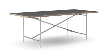 Eiermann 2 Dining Table, Linoleum black (Forbo 4023) with oak edge, 200 x 90 cm, Chrome