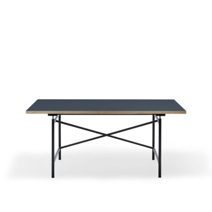 Eiermann 1 M Table (Mechanical Height Adjustment), Linoleum smokey blue (Forbo 4179) with oak edge, 160 x 80 cm, Black