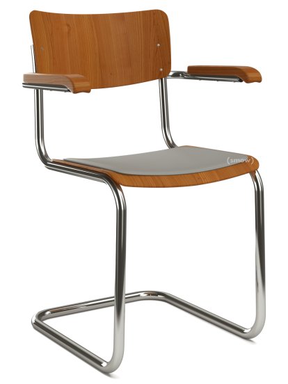 S 43 F Classic Cantilever Chair, Chrome-plated frame, Stained beech, Cherry tree, Seat pad with upholstery light grey melange, Black plastic glides with felt