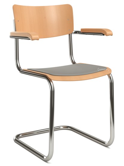 S 43 F Classic Cantilever Chair, Chrome-plated frame, Stained beech, Beech, clear varnish, Seat pad with upholstery light grey melange, No glides