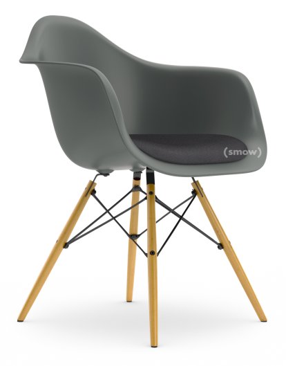 Eames Plastic Armchair DAW, Granite grey, With seat upholstery, Dark grey, Standard version - 43 cm, Yellowish maple