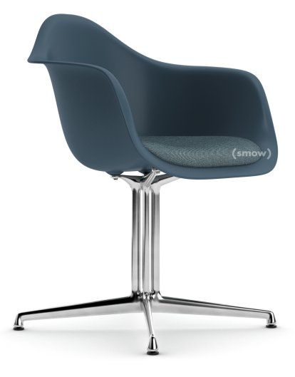 Eames Plastic Armchair DAL, Sea blue, With seat upholstery, Ice blue / moor brown, Aluminium polished, New seat height (43,0 cm)