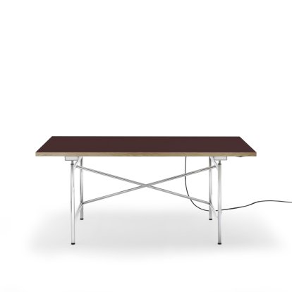 Eiermann 1 E Table (Electric Height Adjustment), Linoleum burgundy (Forbo 4154) with oak edge, 160 x 80 cm, Chrome, With cable duct