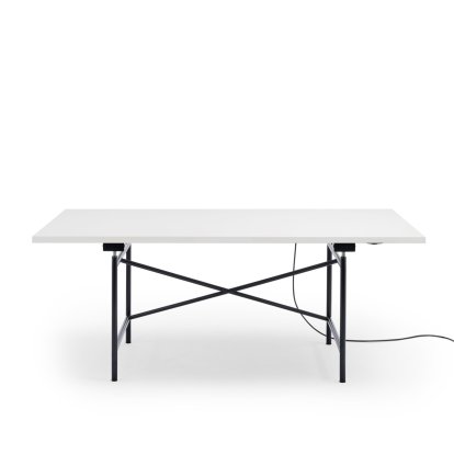 Eiermann 1 E Table (Electric Height Adjustment), White melamine with white edge, 180 x 90 cm, Black, With cable duct