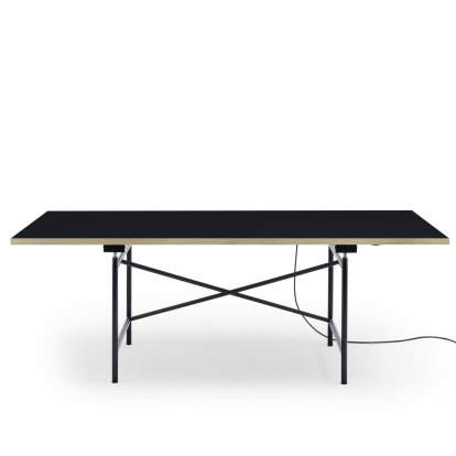 Eiermann 1 E Table (Electric Height Adjustment), Linoleum nero (Forbo 4023) with oak edge, 200 x 90 cm, Black, With cable duct