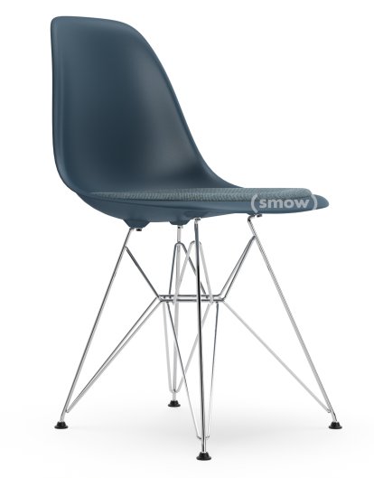 Eames Plastic Side Chair DSR, Sea blue, With seat upholstery, Ice blue / moor brown, Standard version - 43 cm, Chrome-plated