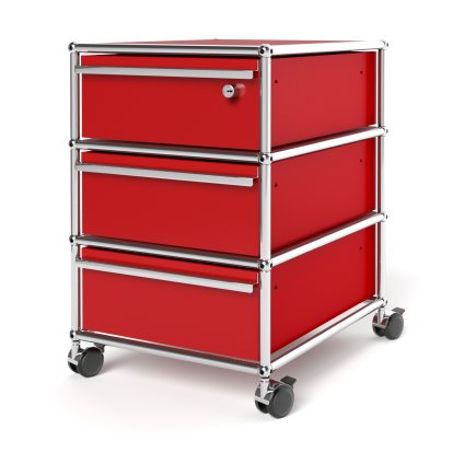USM Haller Mobile Pedestal with 3 Drawers Type 1 (with Counterbalance), Top drawer with lock, USM ruby red
