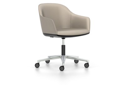 Softshell Armchair with five star base, Aluminium polished, Leather (Standard), Sand, Hard castors for carpets