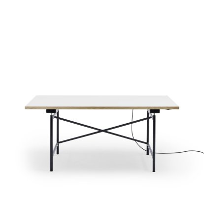 Eiermann 1 E Table (Electric Height Adjustment), White melamine with oak edge, 160 x 80 cm, Black, Without cable duct