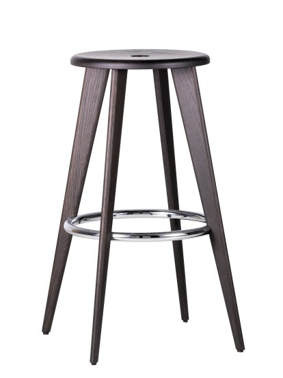 Tabouret Haut Bar Stool, Black oak, chrome foot rests