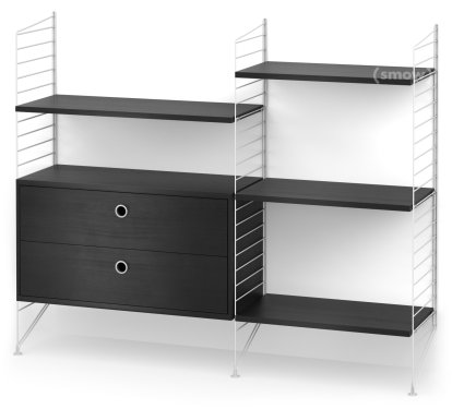 String System Floor Shelf with Drawers, White, Black ash veneer