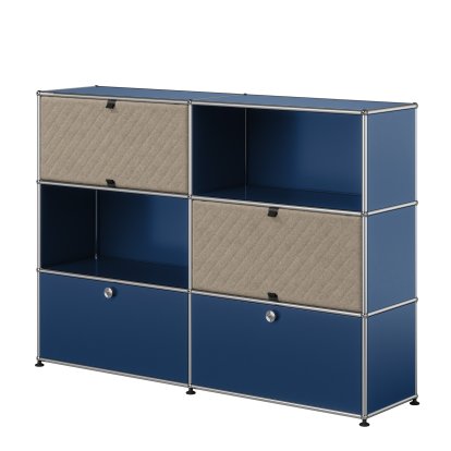 USM Haller Highboard L with two USM Haller Soft Panels, diagonal, Steel blue RAL 5011, Taupe