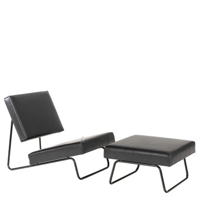 Hirche Lounge Chair, Smooth leather, black, Powder-coated, black, with footstool
