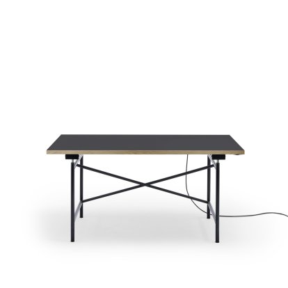 Eiermann 1 E Table (Electric Height Adjustment), Linoleum charcoal (Forbo 4166) with oak edge, 140 x 80 cm, Black, With cable duct