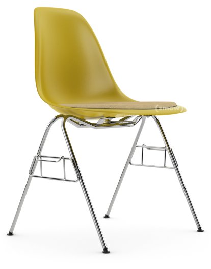 Eames Plastic Side Chair DSS / DSS-N, Mustard, With seat upholstery, Mustard / ivory, With linking element (DSS)