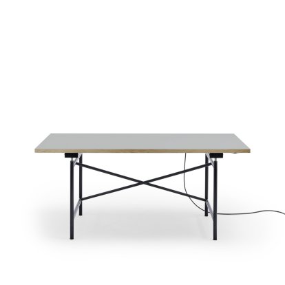 Eiermann 1 E Table (Electric Height Adjustment), Linoleum ash grey (Forbo 4132) with oak edge, 160 x 80 cm, Black, With cable duct