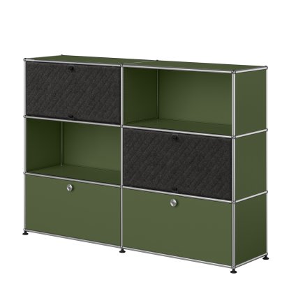 USM Haller Highboard L with two USM Haller Soft Panels, diagonal, Olive green RAL 6003, Dark grey