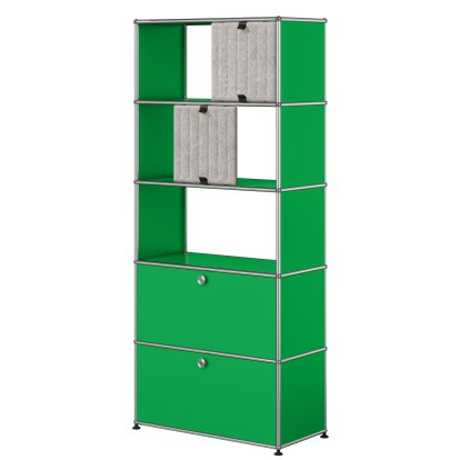 USM Haller filing shelf with 2 flaps, top without back panels with two USM Haller Soft Panels, vertical, USM green, Grey / Dark grey