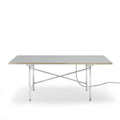 Eiermann 1 E Table (Electric Height Adjustment), Linoleum ash grey (Forbo 4132) with oak edge, 180 x 90 cm, Chrome, Without cable duct