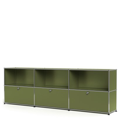 USM Haller Sideboard XL, Customizable, Olive green RAL 6003, Open, With 3 drop-down doors